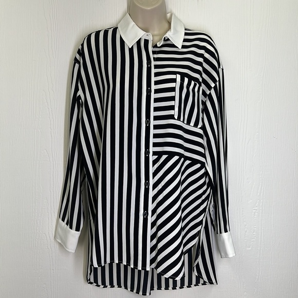 Karl Lagerfeld - Paris Stripes Hi Low Oversized Button Down Blouse Size Small - Picture 3 of 13